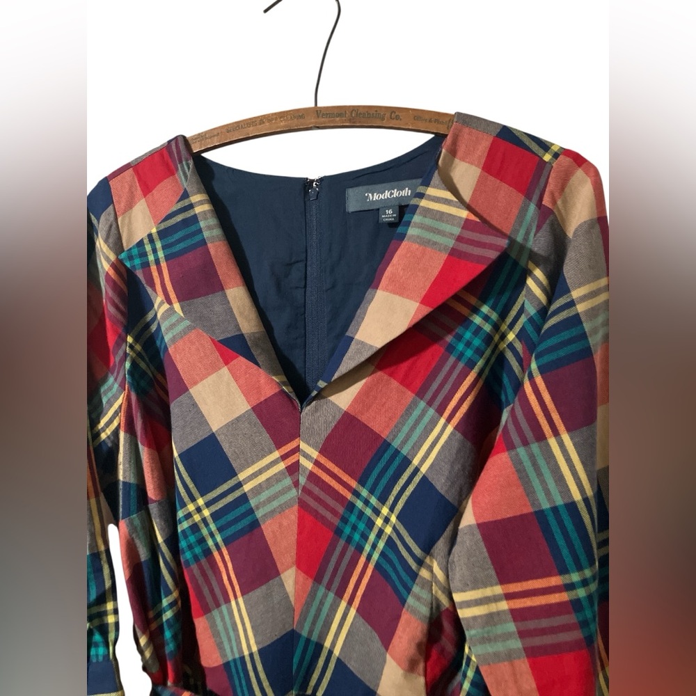 Modcloth Red Navy Tan Plaid Midi Dress with Belt - Picture 2 of 7